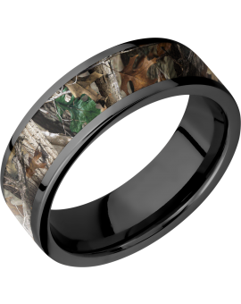 Zirconium 6mm flat band with a 5mm inlay of Realtree Timber Camo