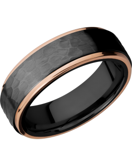 Zirconium 7mm flat band with 14K rose gold grooved edges