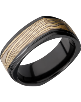Zirconium 8.5mm flat square band with an inlay of Mokume Gane and grooved edges