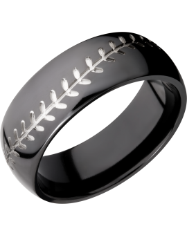 Zirconium 8mm domed band with a laser-carved baseball stitch