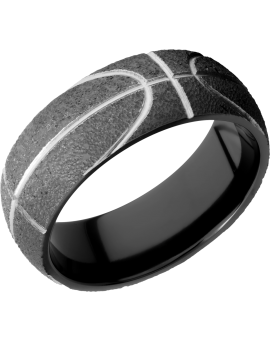 Zirconium 8mm domed band with a laser-carved basketball pattern
