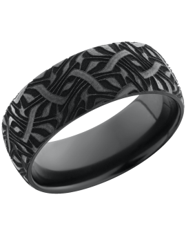 Zirconium 8mm domed band with a laser-carved escher pattern