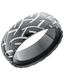 Zirconium 8mm domed band with a laser-carved cycle pattern