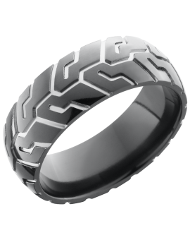 Zirconium 8mm domed band with a laser-carved cycle pattern