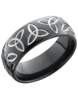 Zirconium 8mm domed band with a laser-carved trinity pattern