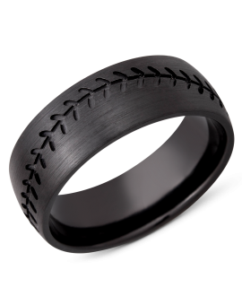 Zirconium 8mm domed band with a laser-carved baseball stitch