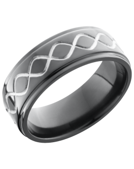 Zirconium 8mm flat band with a laser-carved tall infinity pattern