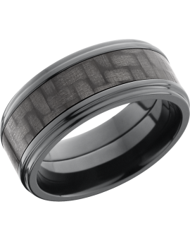 Zirconium 9mm flat band with grooved edge and a 5mm inlay of black Carbon Fiber