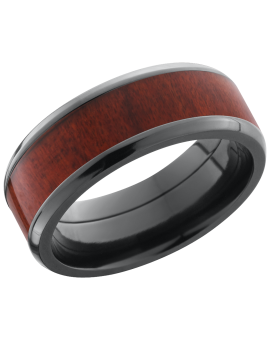 Zirconium 8mm beveled band with an inlay of Honduras Redheart hardwood