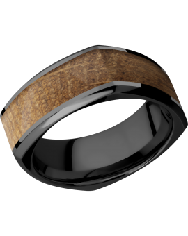 Zirconium 8mm beveled square band with an inlay of Whiskey Barrel hardwood