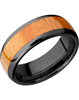 Zirconium 8mm domed band with an inlay of Osage Orange hardwood