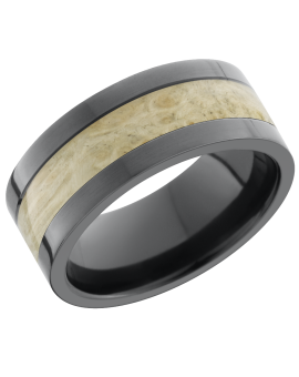 Zirconium 9mm flat band with an inlay of Boxelder Burl hardwood