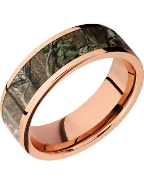 14K Rose Gold 7mm flat band with a 5mm inlay of Mossy Oak Break Up Infinity Camo