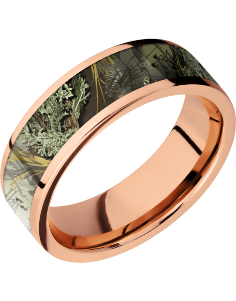 14K Rose Gold 7mm flat band with a 5mm inlay of Realtree Advantage Max Camo