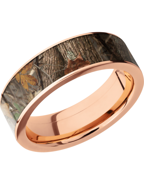14K Rose Gold 7mm flat band with a 6mm inlay of Kings Woodland Camo