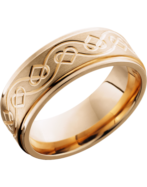 14K Rose gold 8mm flat band with grooved edges and a laser-carved celtic heart pattern