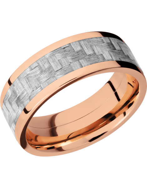 14K Rose Gold 8mm flat band with a 5mm inlay of silver Carbon Fiber