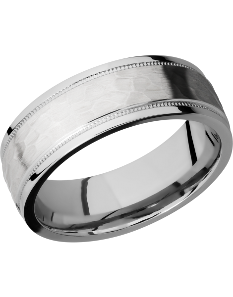 14K White gold 7.5mm domed band with grooved edges and reverse milgrain detail