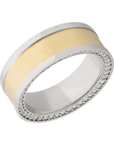 14K White gold 8mm flat band with an inlay of 14K yellow gold and bead-set .01ct side eternity diamonds