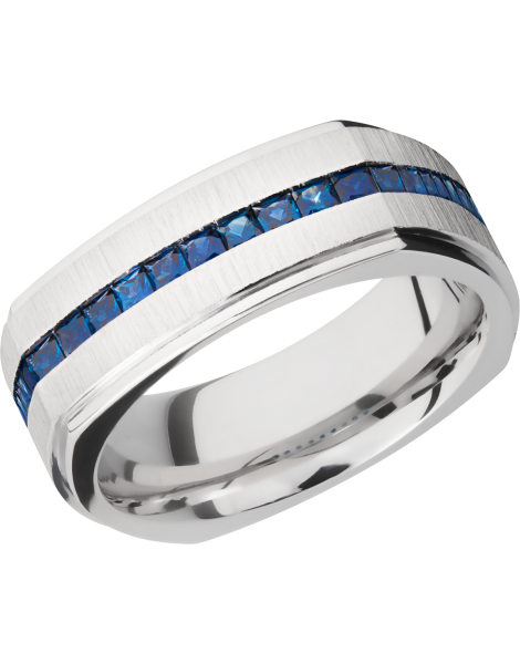 14K White gold 8mm flat square band with grooved edges and eternity-set sapphires