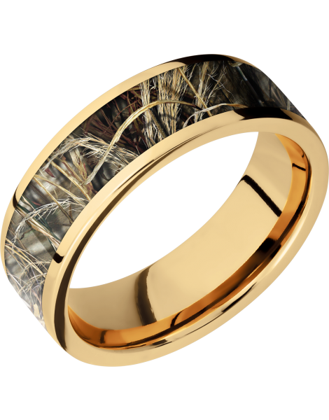 14K Yellow  Gold 7mm flat band with a 5mm inlay of Realtree Advantage Max4 Camo