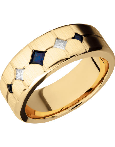14K Yellow gold 8mm beveled band with 3 sapphires and 2 diamonds