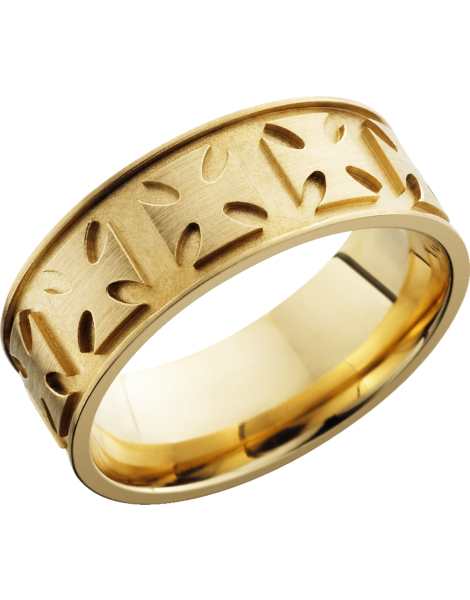 14K Yellow gold 8mm flat band with a laser-carved maltese pattern