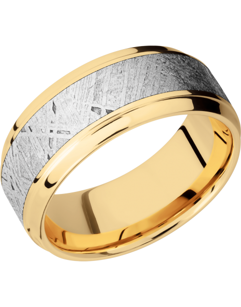 14K Yellow gold 9mm beveled band with an inlay of authentic Gibeon Meteorite