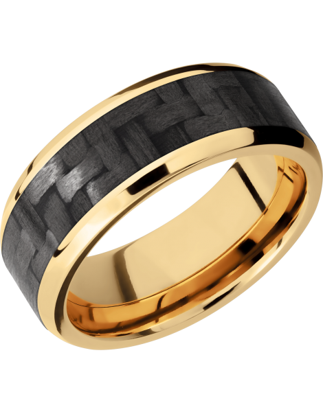 14K Yellow Gold 8mm beveled band with a 5mm inlay of black Carbon Fiber