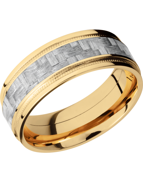 14K Yellow Gold 8mm flat band with grooved edges and a 4mm inlay of black Carbon Fiber inside reverse milgrain detail