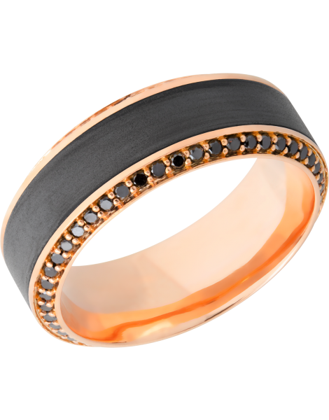 18K Rose gold 8.5mm beveled band with an inlay of zirconium and bead-set eternity black diamonds