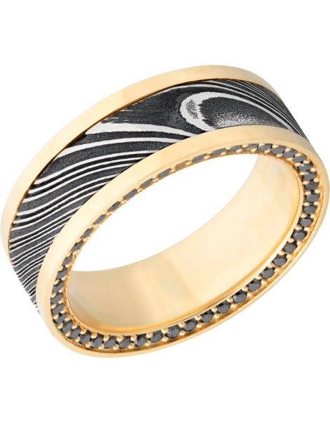18K Yellow gold 8mm flat band with an inlay of handmade woodgrain Damascus steel and black diamond eternity accents