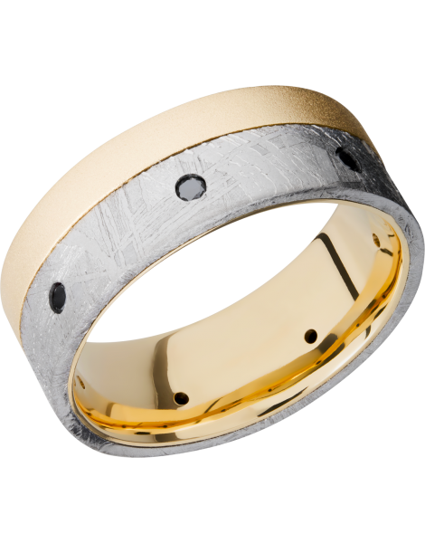 18K yellow gold flat band with an off-center inlay of authentic Gibeon Meteorite and 7, .04ct flush-set black diamonds