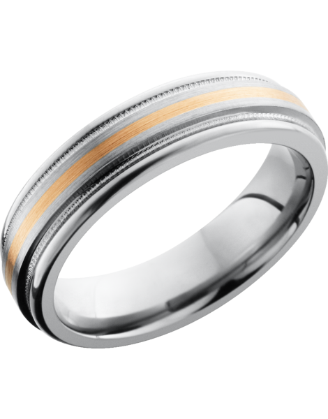 Titanium 6mm flat band with rounded edges and an inlay of 14K rose gold with reverse milgrain detail on either side
