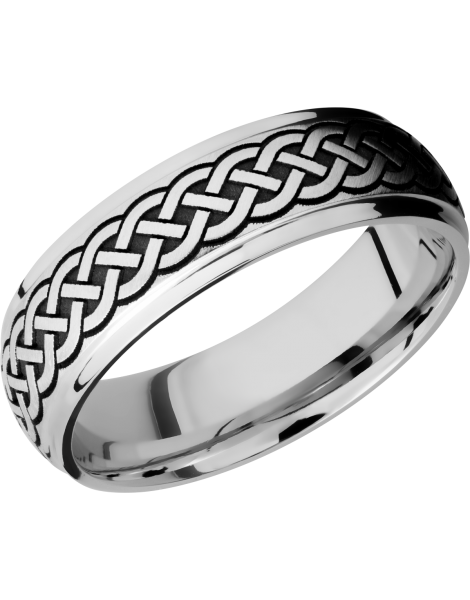 Titanium 7mm domed band with grooved edges and a laser-carved celtic pattern
