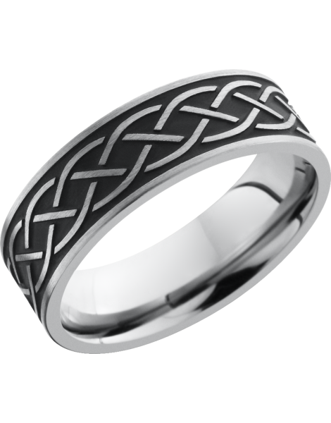 Titanium 7mm flat band with a laser-carved celtic pattern with Cerakote in the pattern recesses