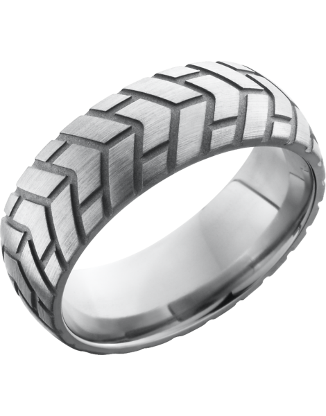 Titanium 8mm domed band with a laser-carved cycle pattern