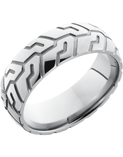 Titanium 8mm domed band with a laser-carved cycle pattern