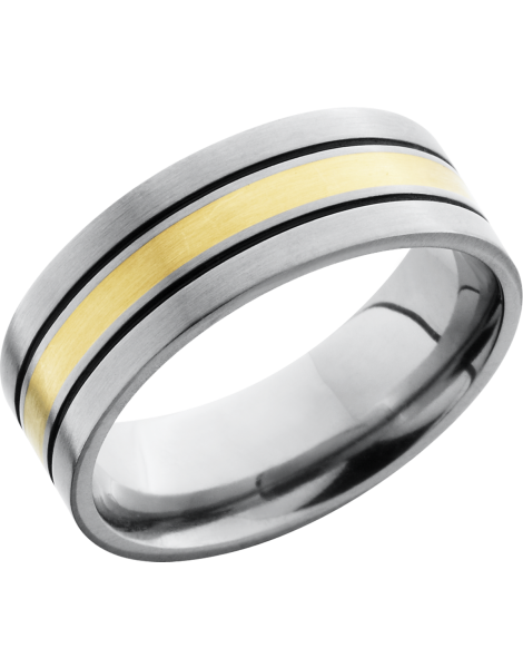 Titanium 8mm flat band with an inlay of 14K yellow gold and Cerakote filled grooves on either side