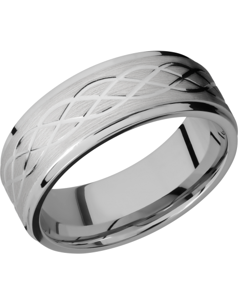 Titanium 8mm flat band with grooved edges and a laser-carved celtic pattern
