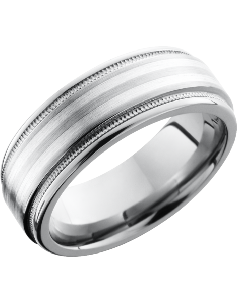 Titanium 8mm flat band with rounded edges and 2, 1mm inlays of sterling silver