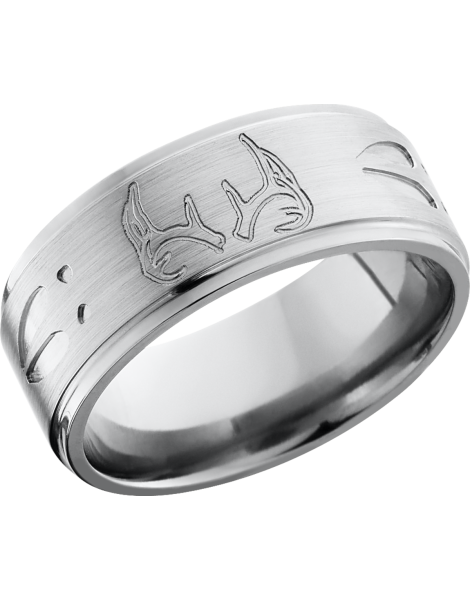 Titanium 9mm flat band with grooved edges and a laser-carved deer track pattern with Cerakote in the pattern recesses