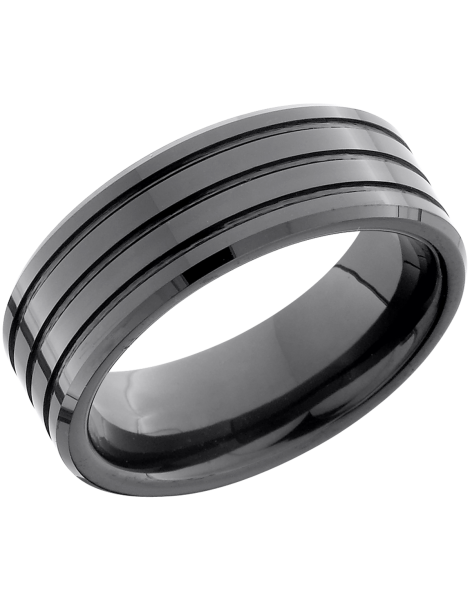 Black Ceramic 8mm flat band with beveled edges and 3, 1mm grooves