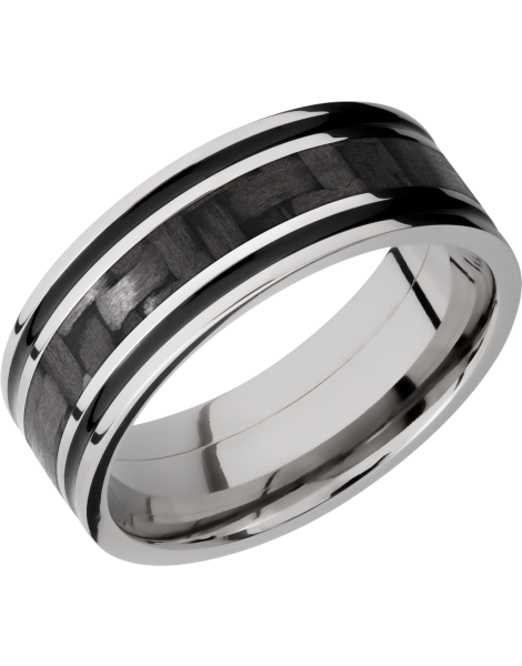 Titanium 8mm flat band with a 3mm inlay of black Carbon Fiber and 2, 1mm inlays of Cerakote