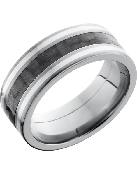Titanium 8mm flat band with a 3mm inlay of black Carbon Fiber and 2, 1mm inlays of Sterling Silver