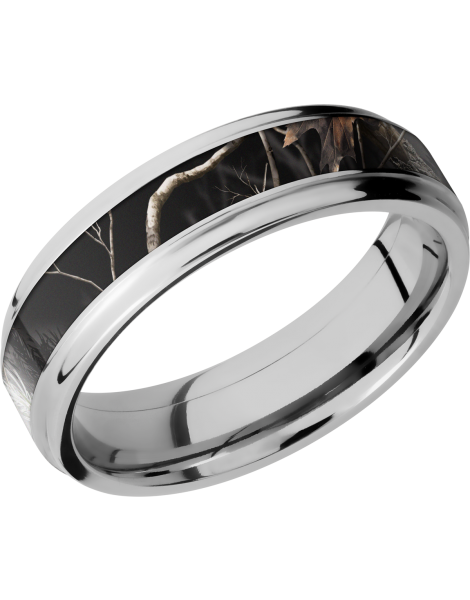 Cobalt chrome 6mm flat band with grooved edges and a 3mm inlay of Realtree APC Black Camo