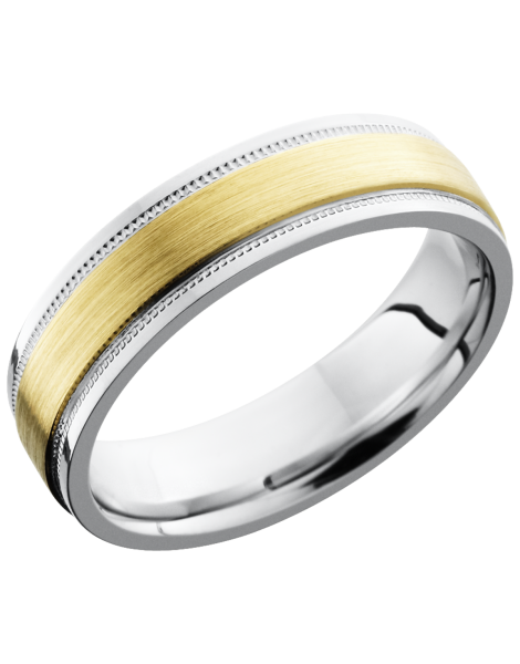 Cobalt chrome 6mm flat band with grooved edges and a 3mm inlay of 14K Yellow Gold