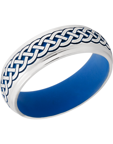 Cobalt chrome 7mm domed band with grooved edges a laser-carved Celtic pattern featuring Royal Blue Cerakote
