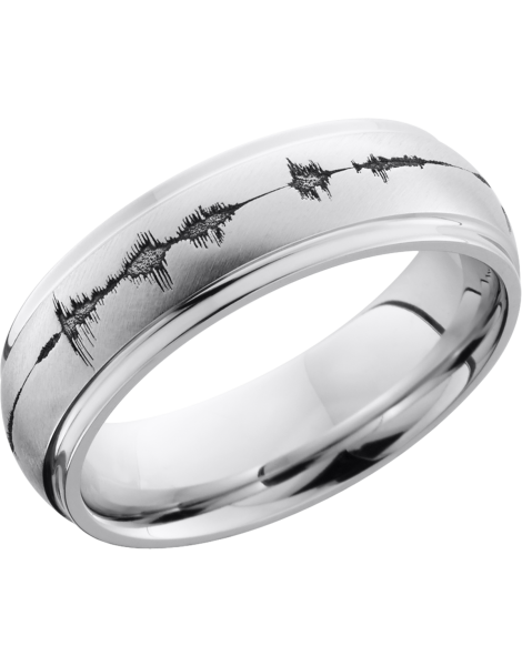 Cobalt chrome 7mm domed band with grooved edges and a laser-carved soundwave