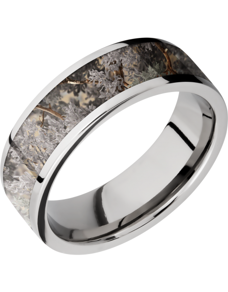 Cobalt chrome 7mm flat band with a 5mm inlay of Kings Desert Camo